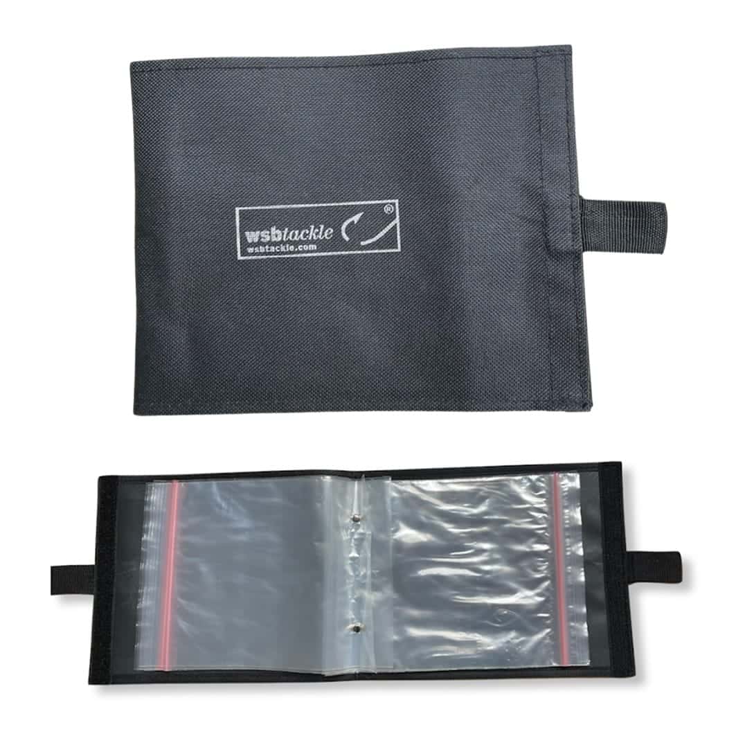 WSB Tackle Rig Wallet in black with white logo and strap, shown closed above the open wallet with grip-seal pouches