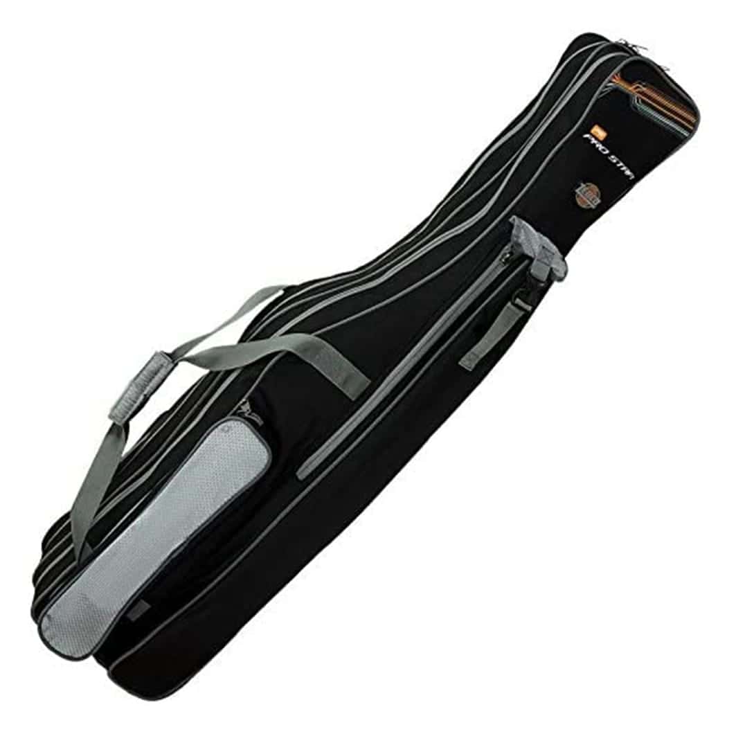 Zebco Pro Staff telescopic rod bag in black and grey with zips, side pocket and carry strap
