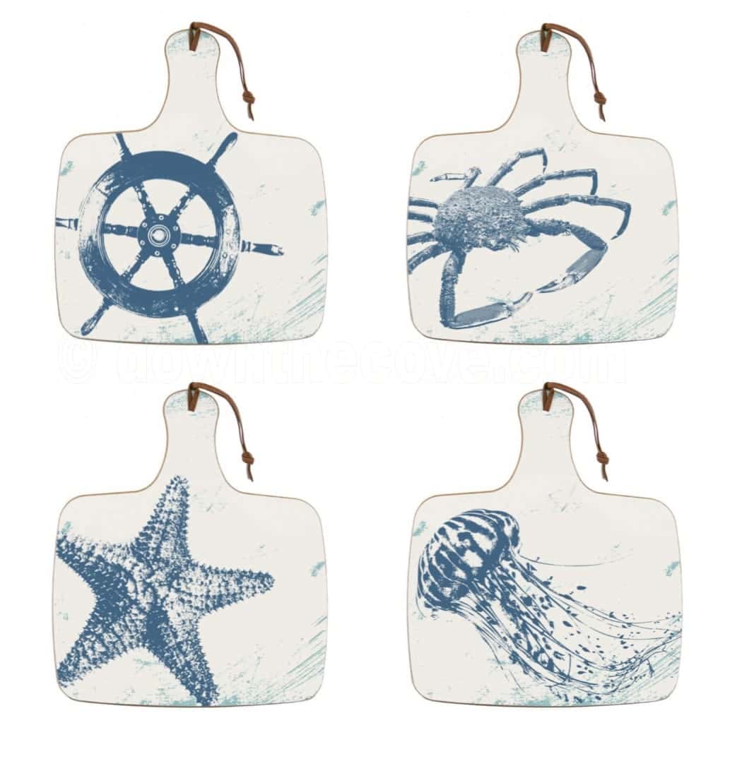 Set of four nautical sea life chopping boards with a leather hanging strap, printed with a ship's wheel, crab, starfish and jellyfish
