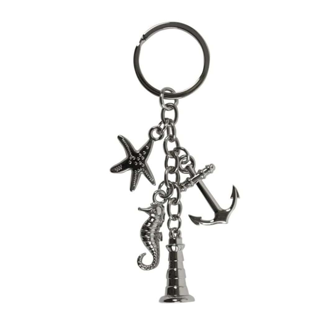 Metal nautical keyring with lighthouse, anchor, starfish and seahorse charms from Down The Cove