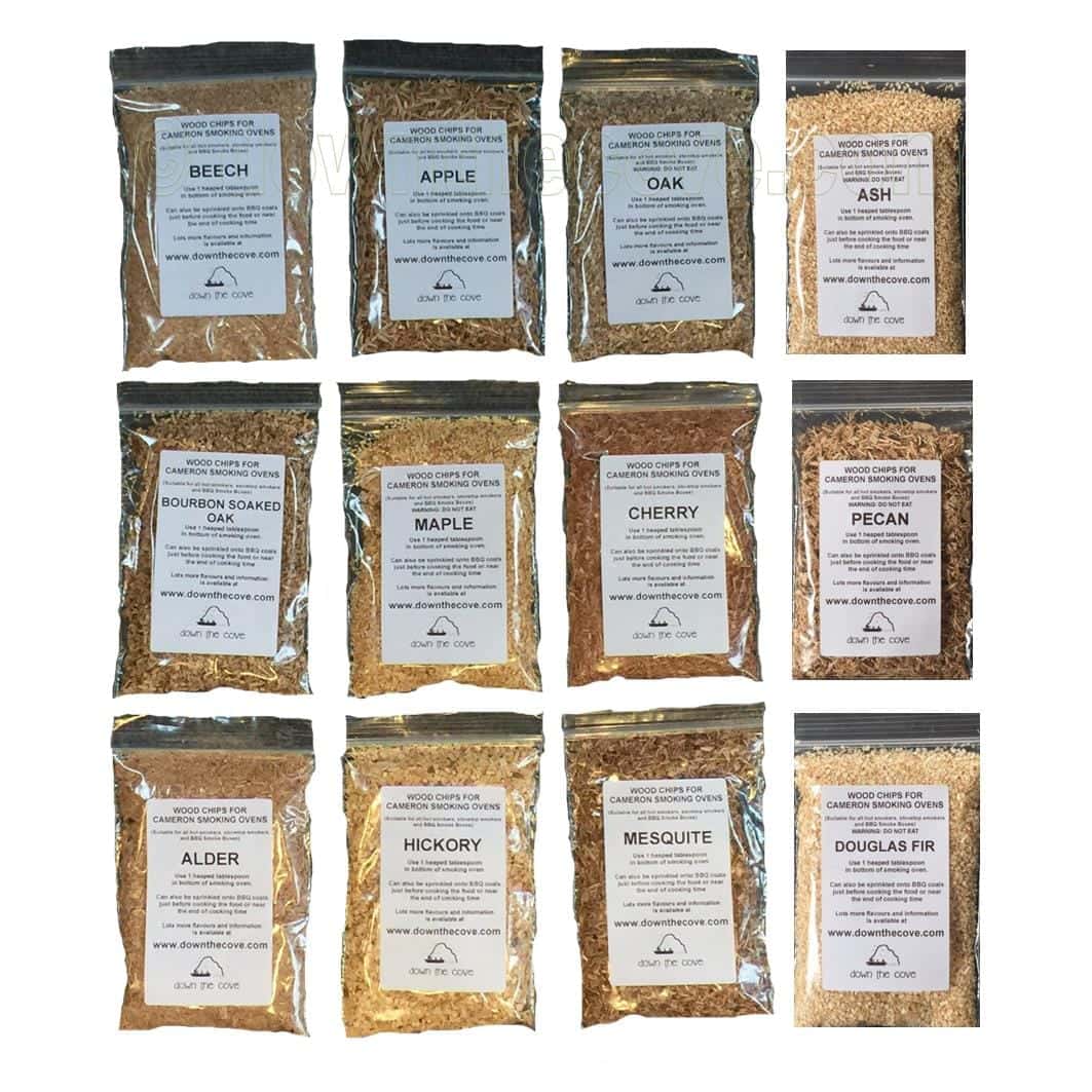 Down The Cove wood chip sampler pack containing 12 smoking wood flavours for home food smoking