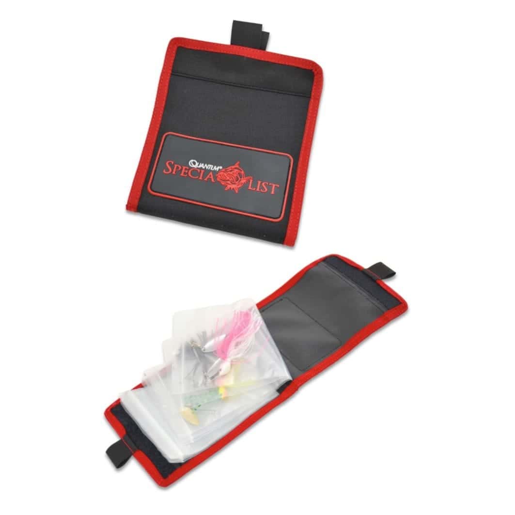 Quantum Specialist spinner bait bag in black and red, closed and open to show clear pouches holding lures