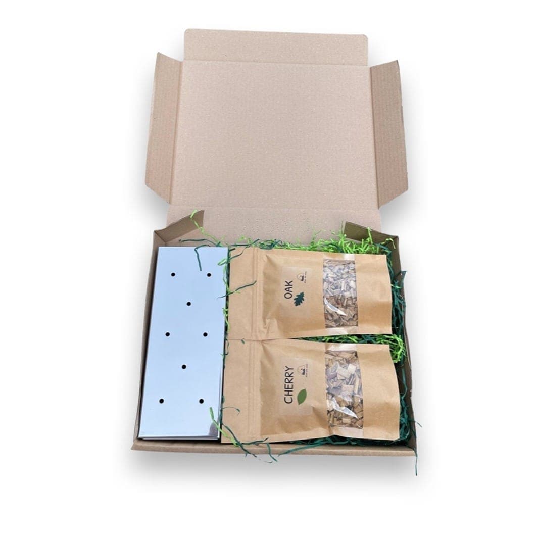 BBQ Smoke Box Gift Set with Stainless Steel Smoker Box, Oak & Cherry Coarse Wood Chips and Flavour Guide image 1