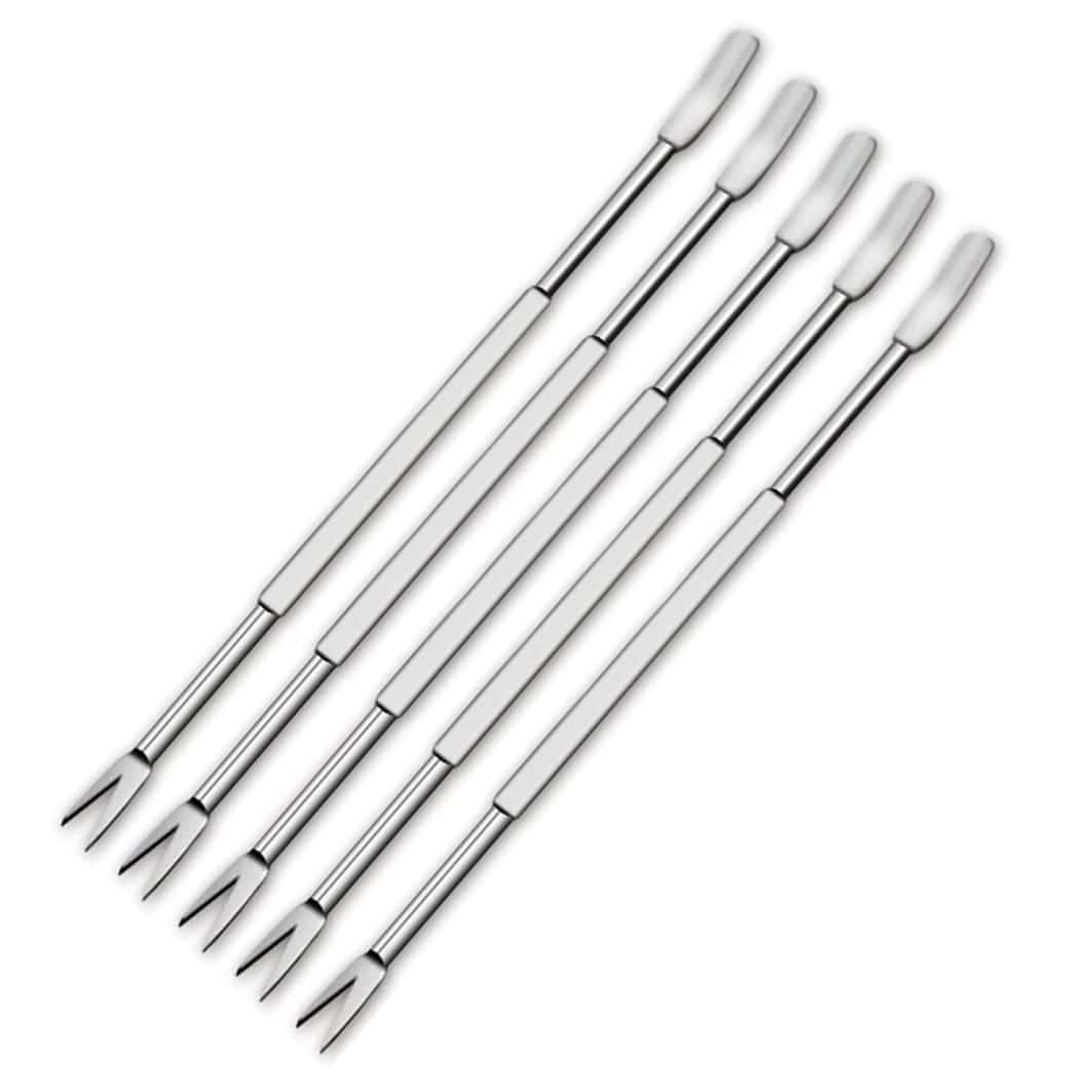 Set of five stainless steel seafood forks with two prongs at one end and a flat scoop at the other