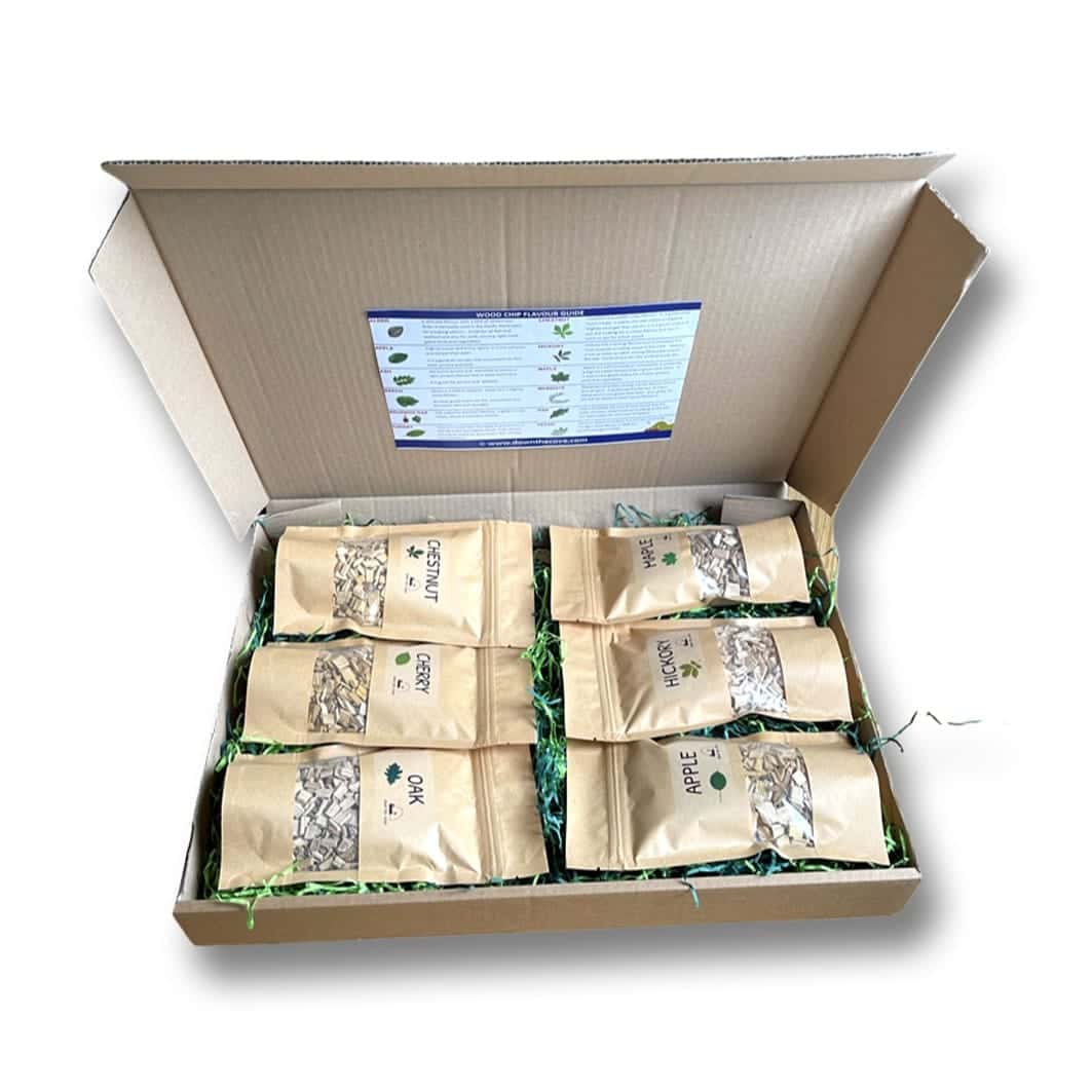 BBQ wood chip variety pack from Down The Cove with six coarse smoking woods
