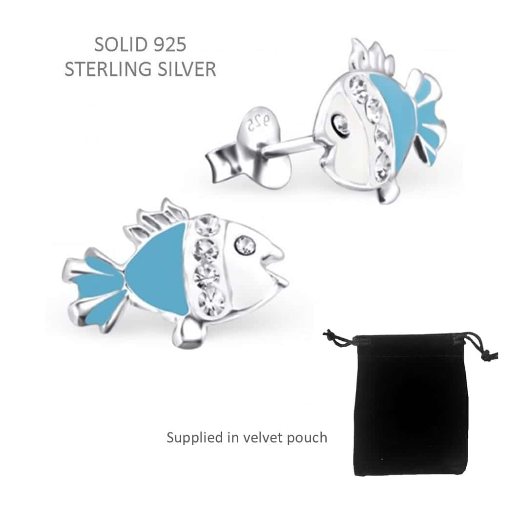 Children's Sterling Silver Fish Ear Studs With Blue Crystal image 1