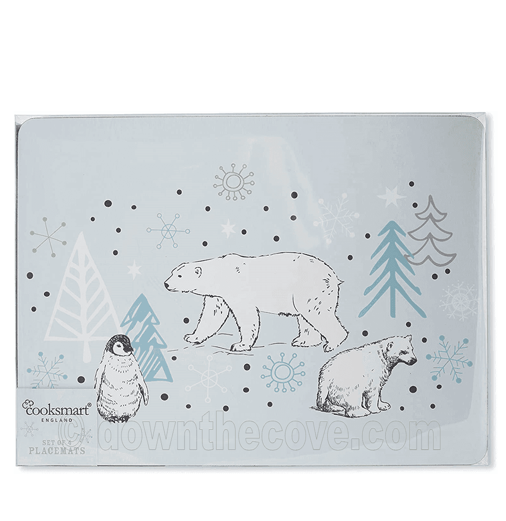Cooksmart Frosty Morning placemat in its packaging, pale blue design with polar bears, a penguin, fir trees and snowflakes