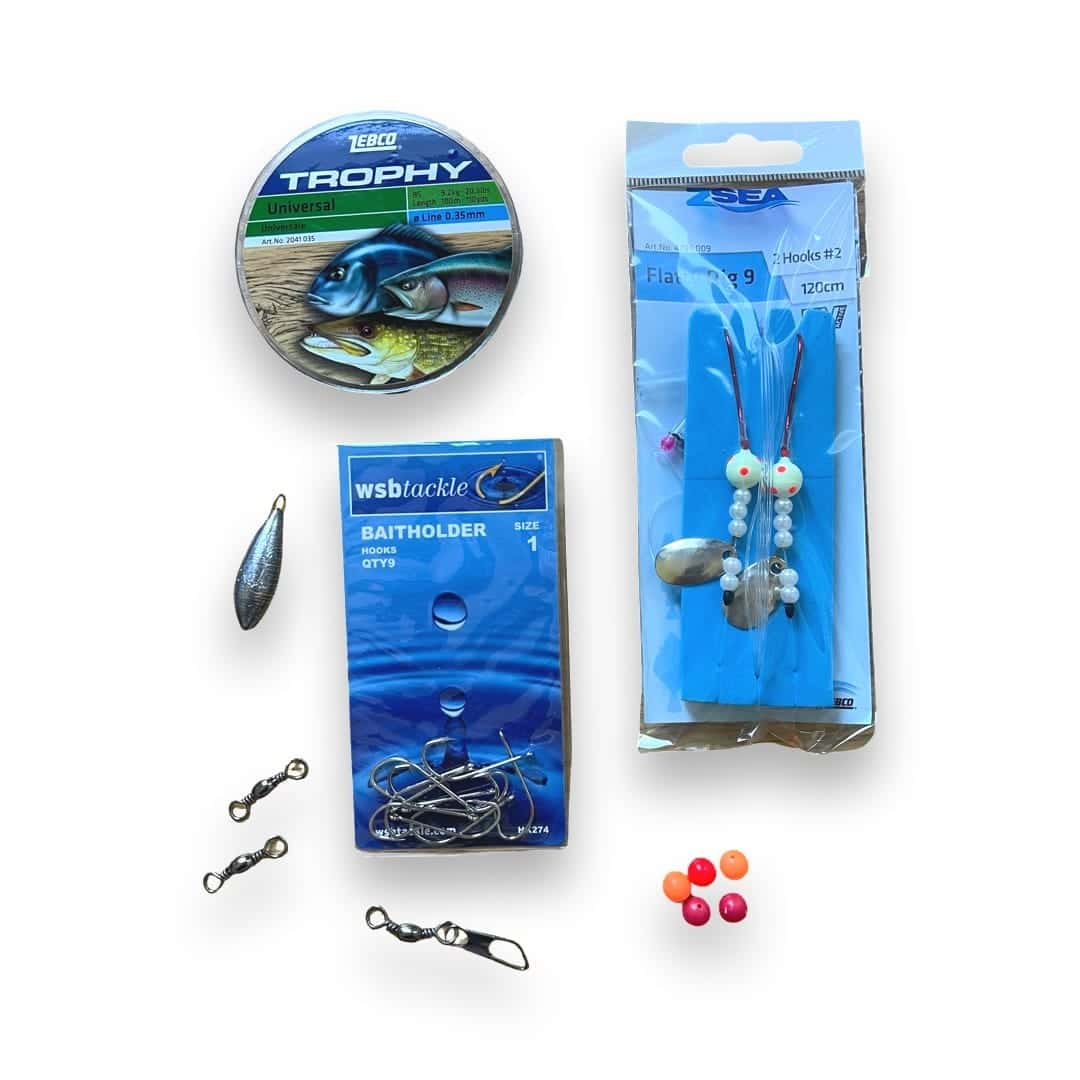 Bottom fishing tackle kit contents from Down The Cove, with hooks, swivels, weight and rig