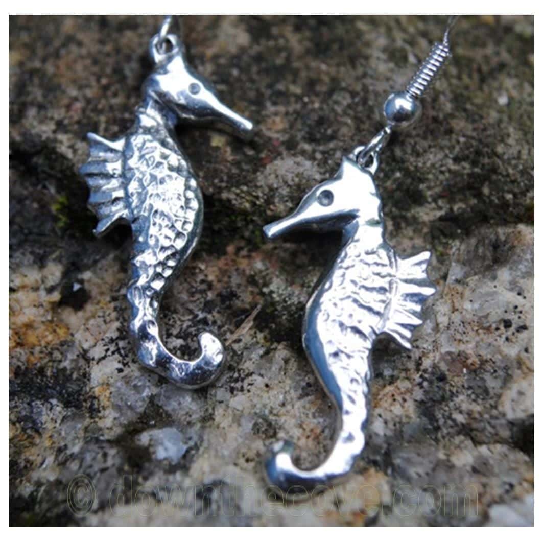 Cornish Seahorse Drop Earrings Polished Pewter image 1