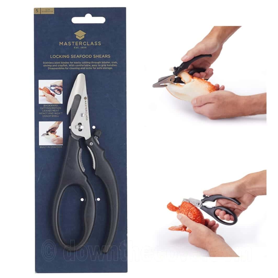 MasterClass locking seafood shears on navy card packaging, with photos of shears cutting crab and lobster shell