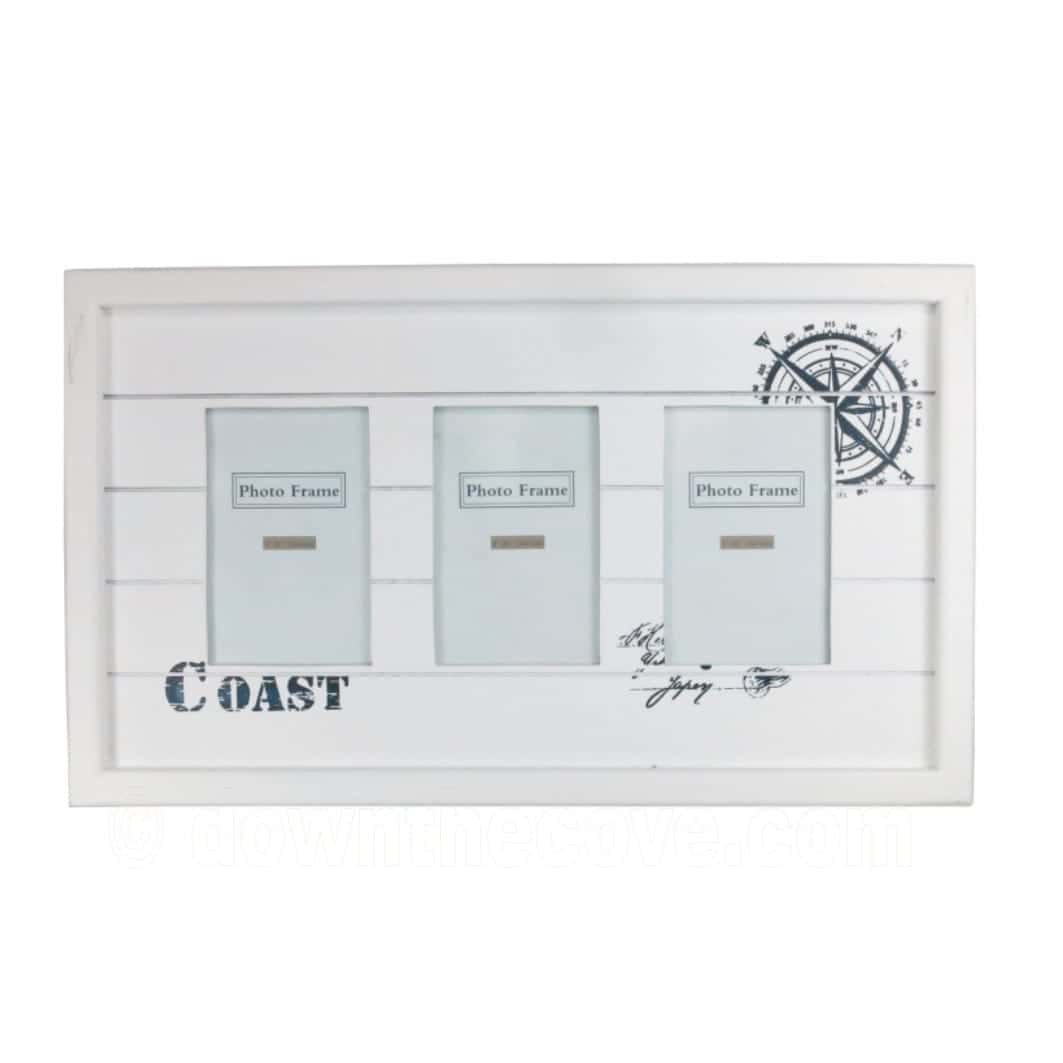 White nautical photo frame with three portrait openings, a Coast stencil and a compass rose