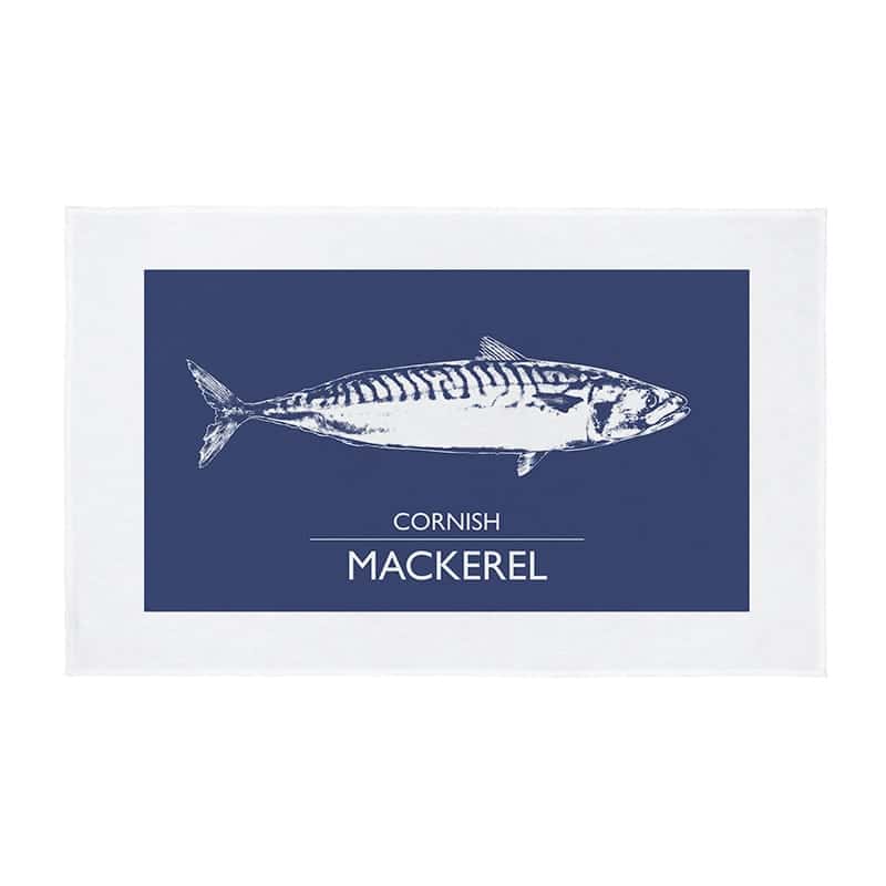 Cornish Mackerel tea towel in white with a navy panel showing a white mackerel drawing and the words Cornish Mackerel