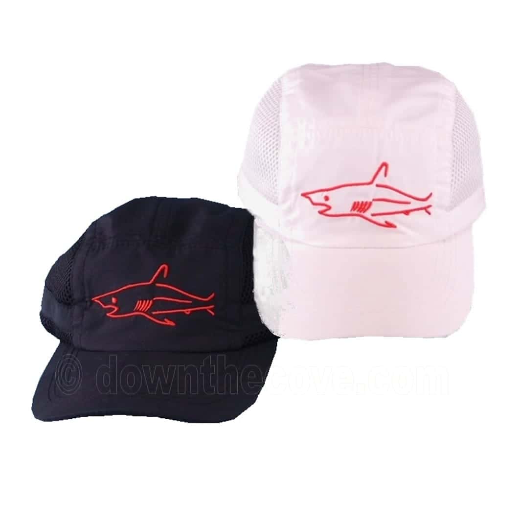 Children's shark caps in black and white with red shark design from Down The Cove