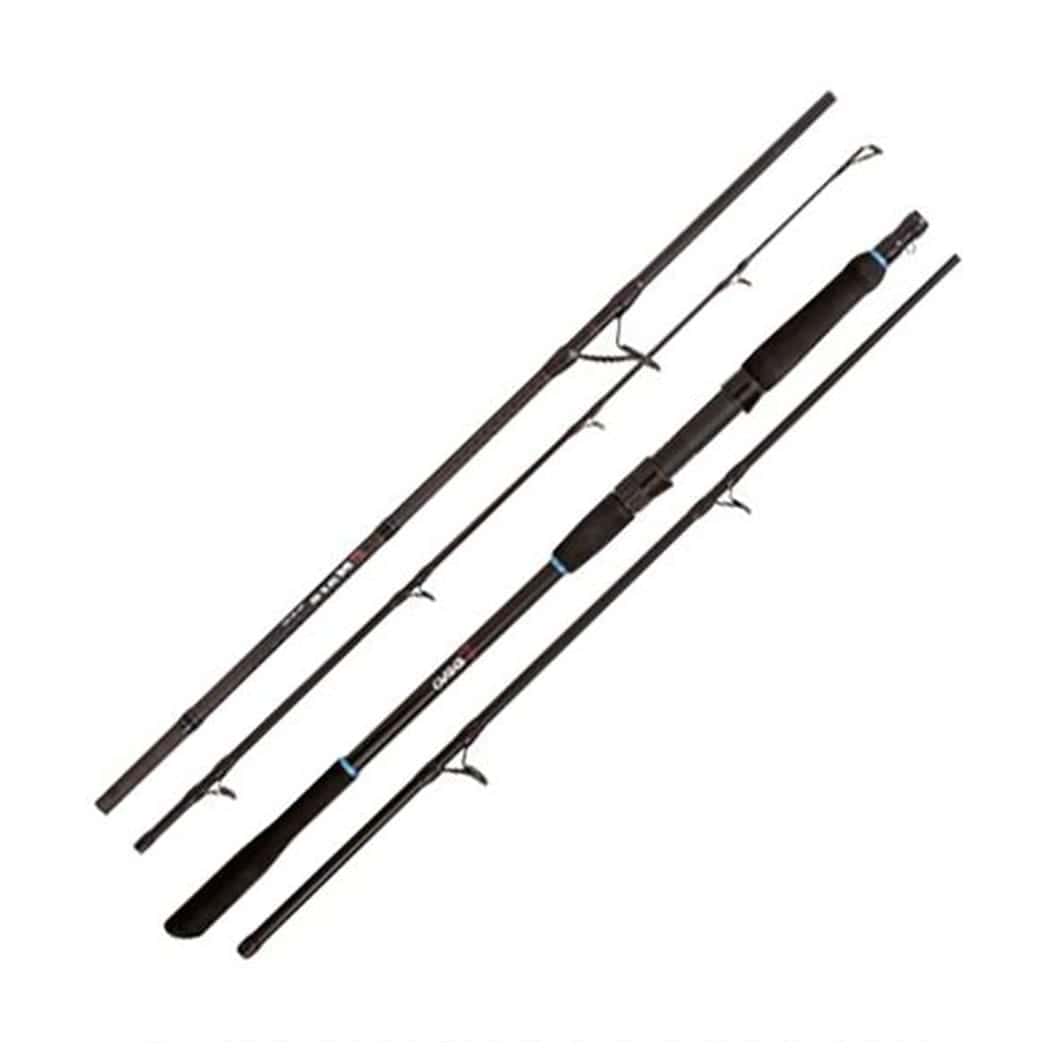 Rhino Mare Tour 9ft travel rod broken down into its five black sections, laid out against a white background