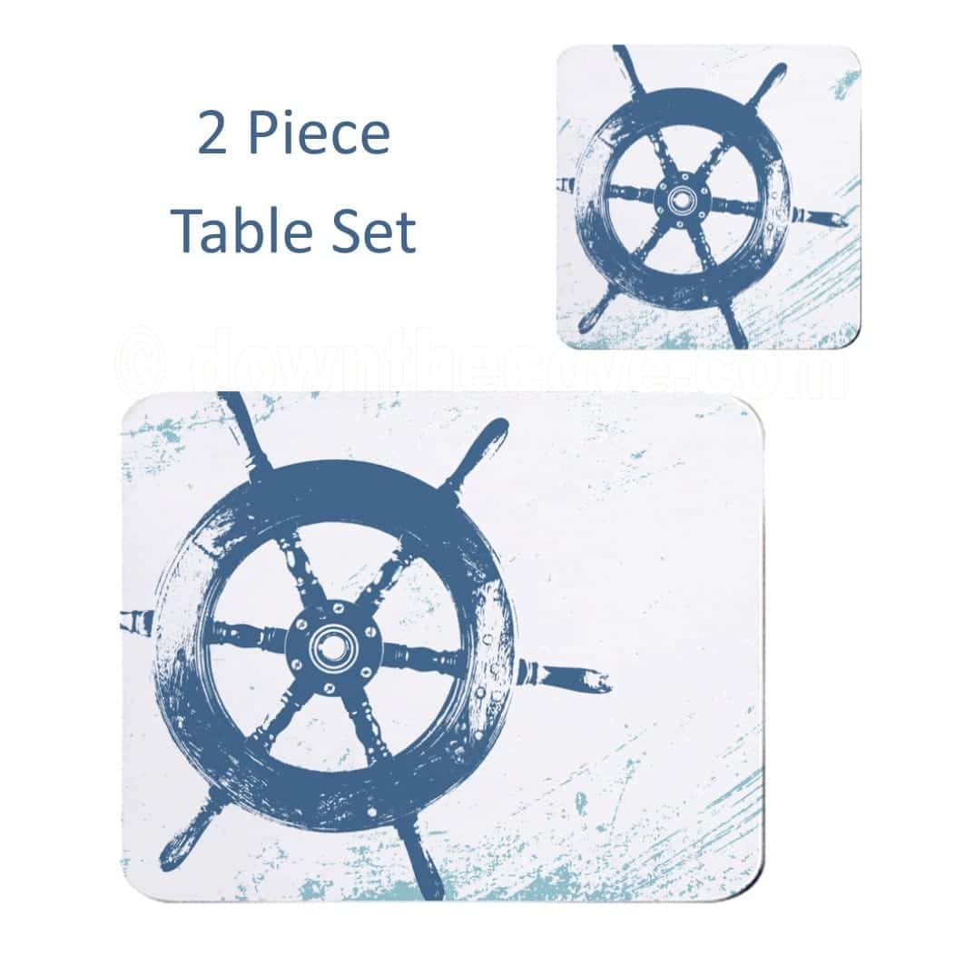 Ships Wheel nautical placemat and coaster set in blue and white from Down The Cove