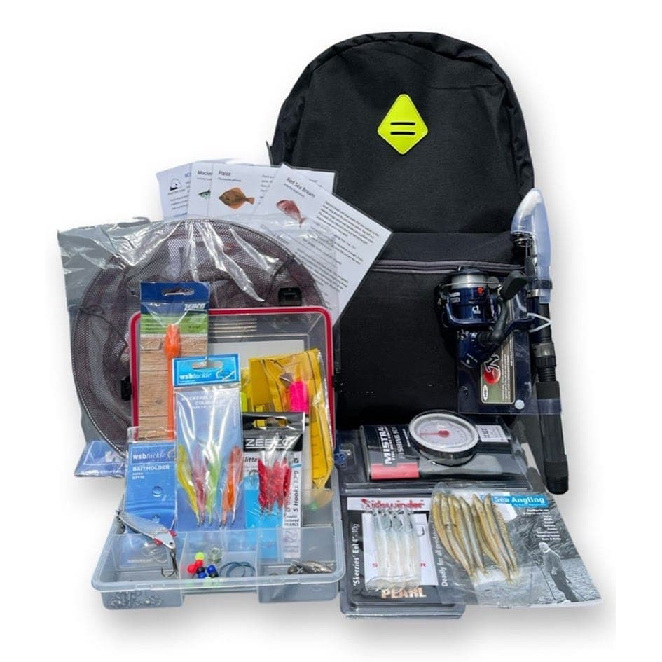 Telescopic travel sea fishing kit with black backpack, rod, reel, tackle box, lures and accessories