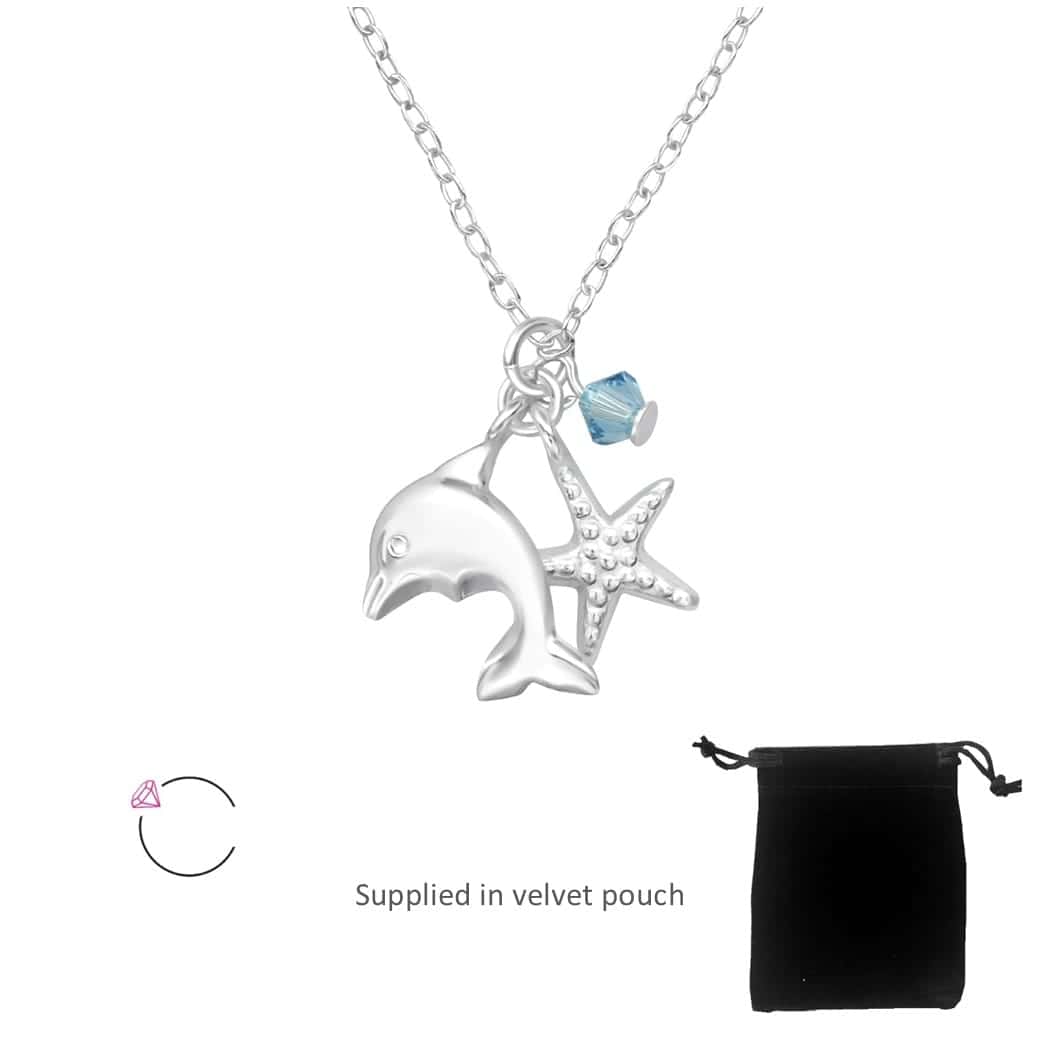 Children's 925 sterling silver ocean necklace with dolphin, starfish and aquamarine from Down The Cove