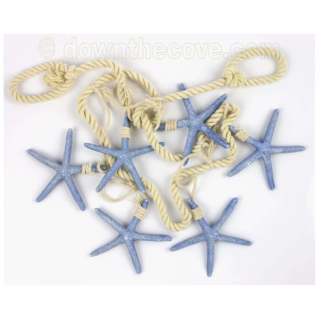 Blue Starfish Rope Garland 100cm with six pale blue starfish strung along natural cream rope with looped ends