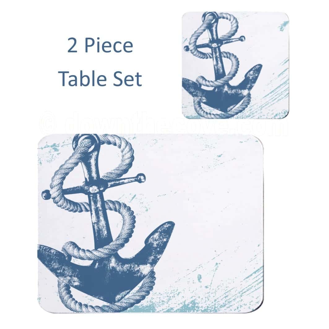 Anchor nautical placemat and coaster set in blue and white from Down The Cove