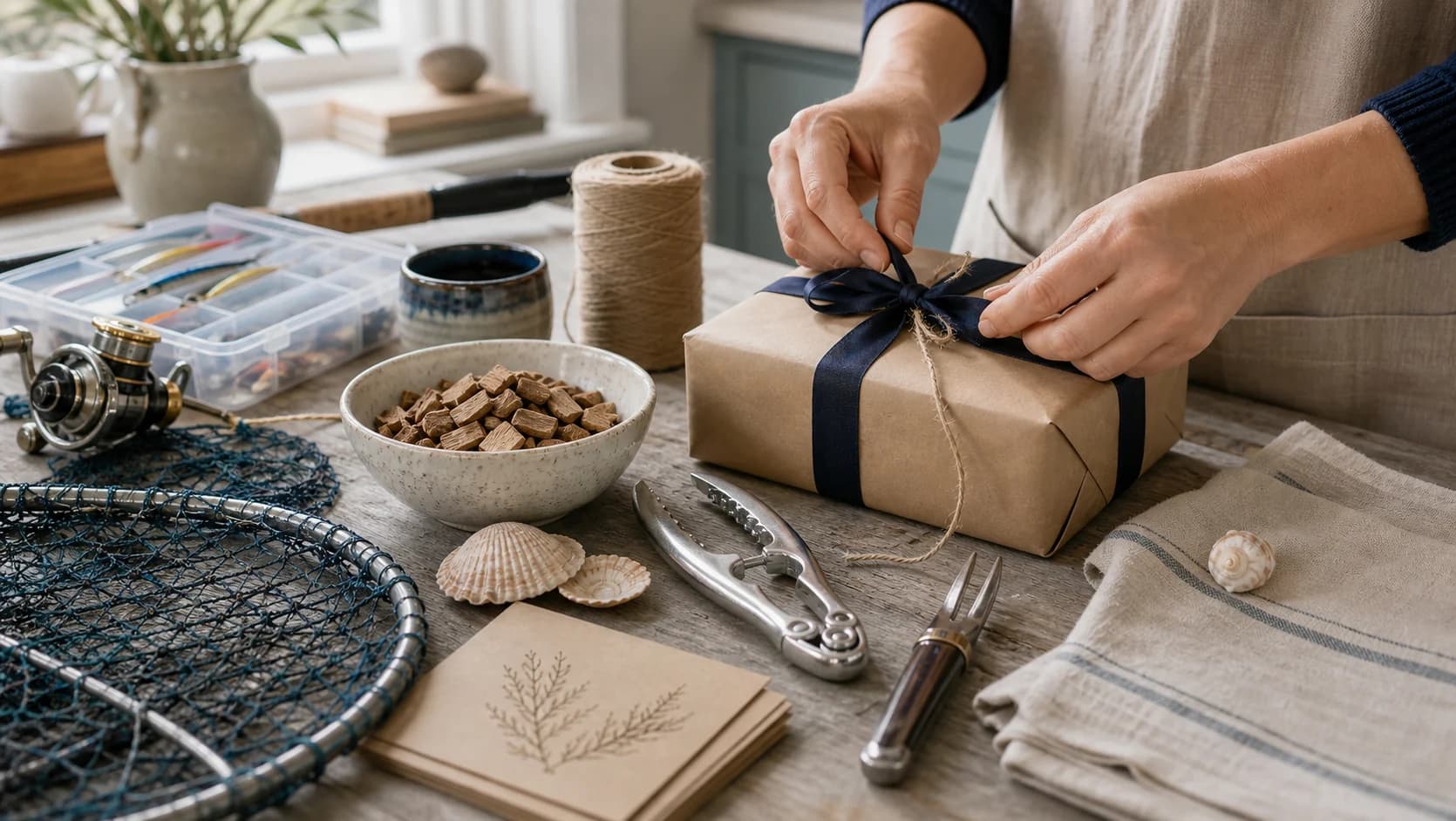 Coastal kit and a wrapped parcel being packed by hand