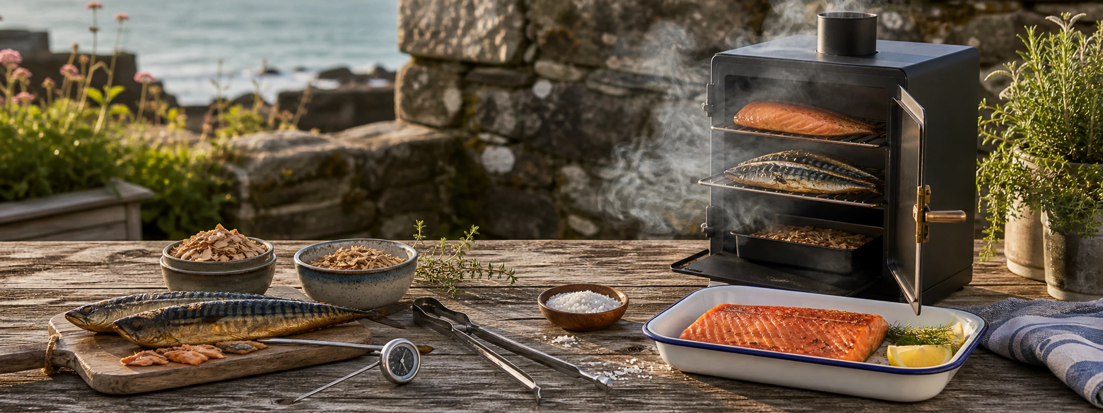 Food smoking oven with smoke, wood chips and smoked seafood on a coastal garden table