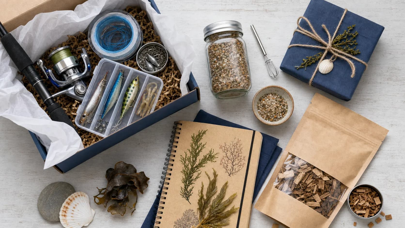 A Cove Club box opened to show the month's coastal edit — fishing tackle, smoking chips, foraging notes and shells