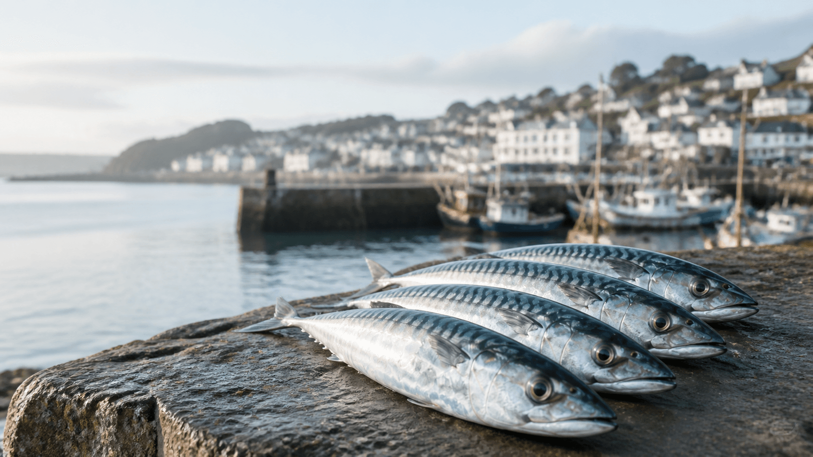 Freshly caught mackerel laid on a Cornish harbour wall beside the sea
