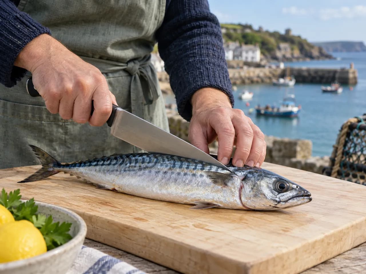 Filleting a fresh mackerel on a board above a Cornish harbour