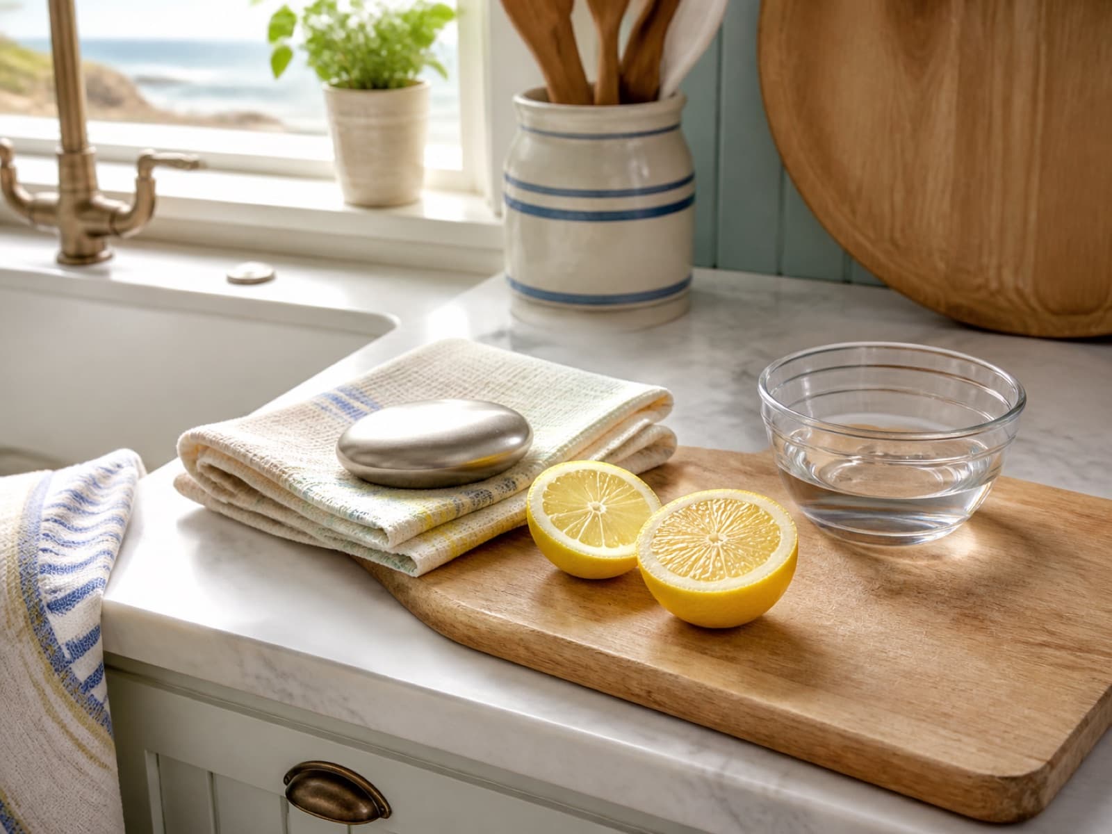 A bright, fresh kitchen with a halved lemon and a bowl of white vinegar used to neutralise cooking smells