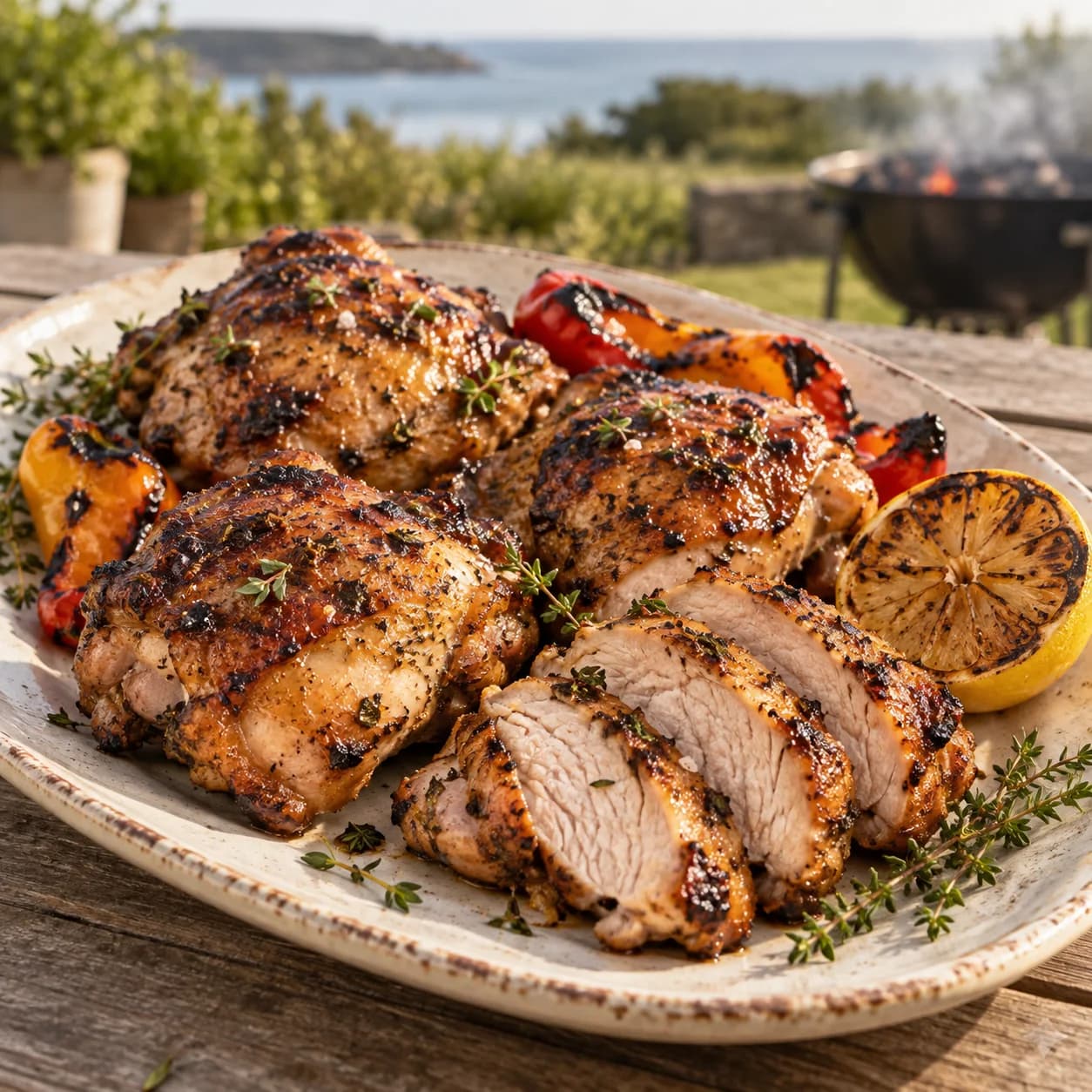 Serving inspiration: barbecued chicken, peppers and charred lemon beside the coast