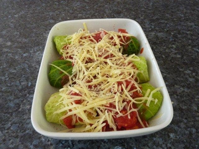 Poor a tin of chopped tomatoes over the cabbbage rolls and then add a good handful of grated cheese and some seasoning