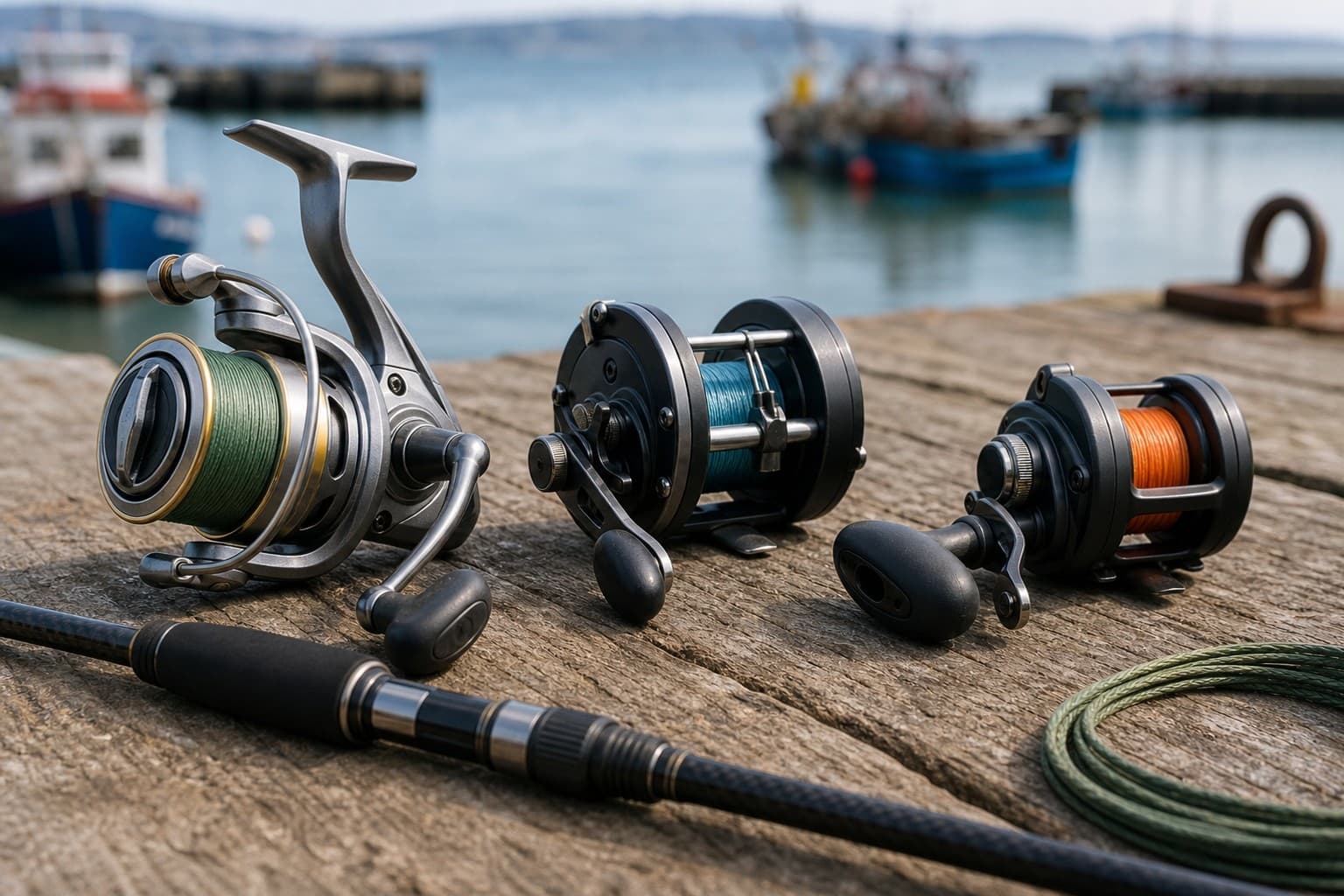 Three distinct types of sea-fishing reel arranged on a harbour workbench