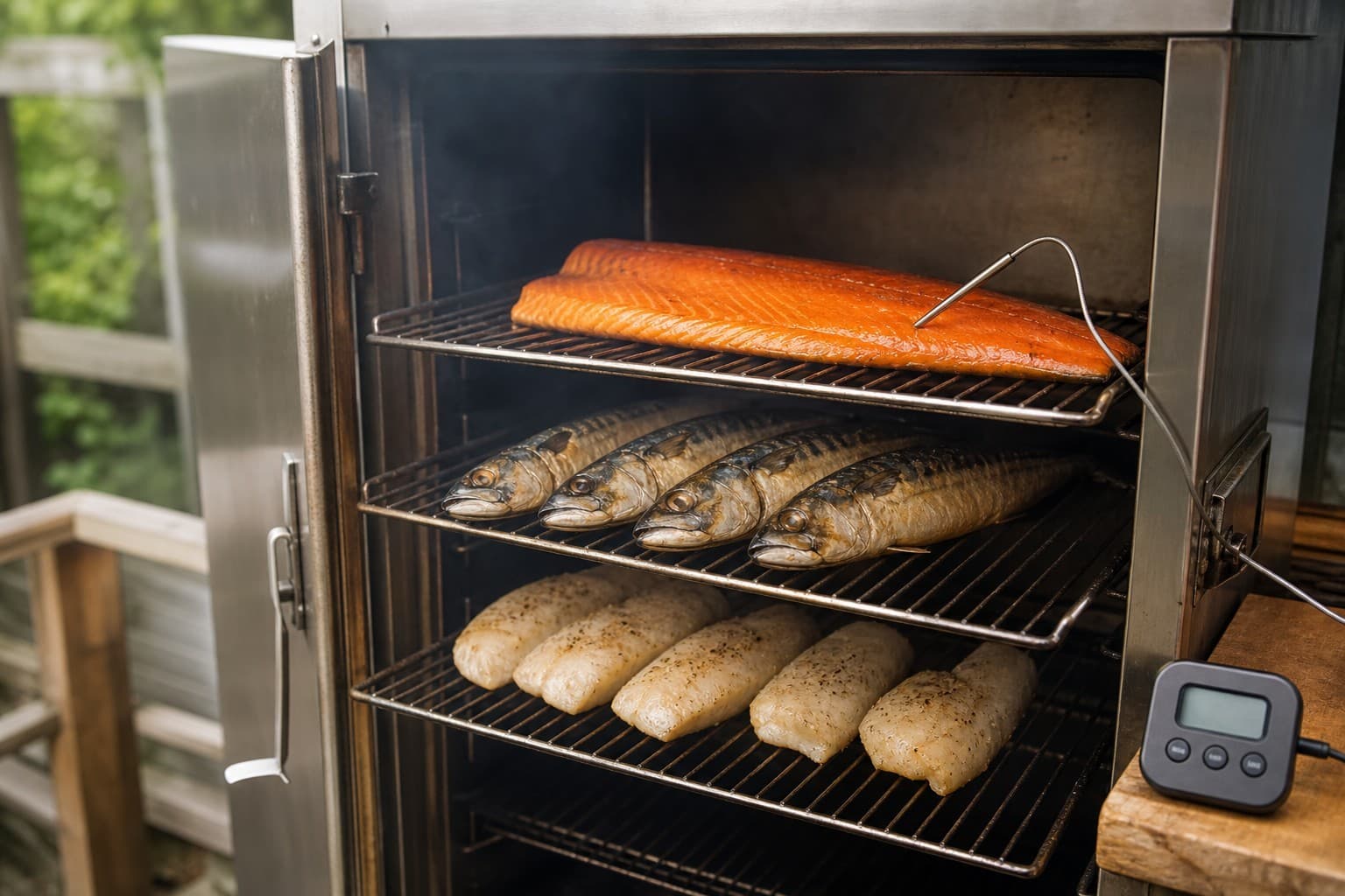 Salmon, mackerel and white fish smoking on separate racks with a probe thermometer