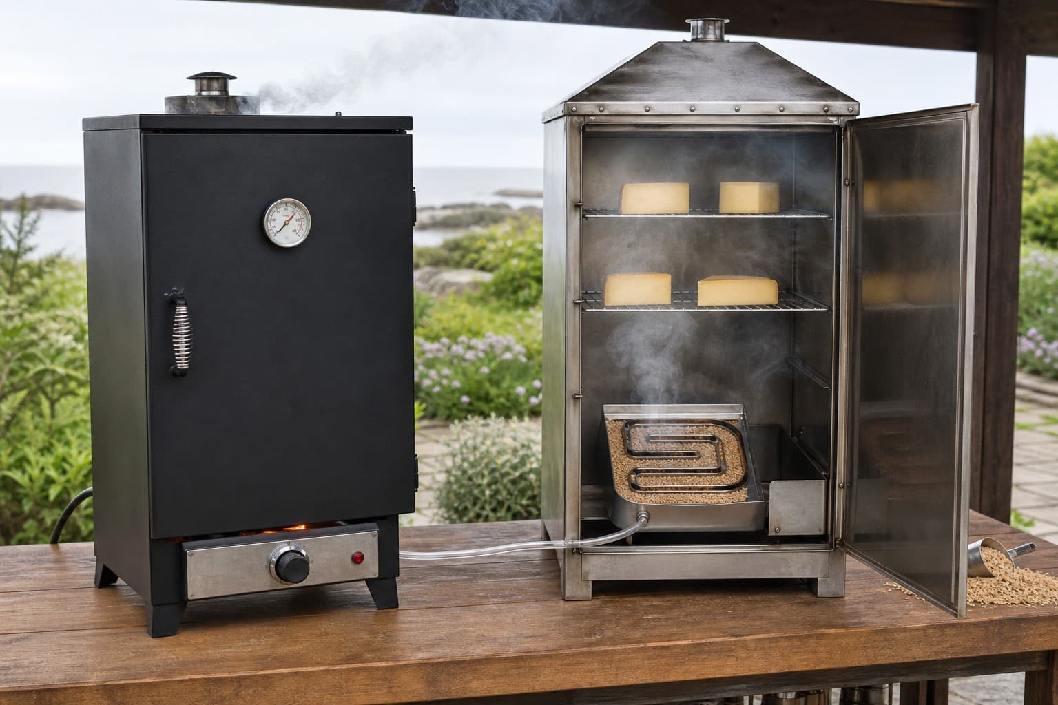 Hot and cold smoking cabinets shown side by side with their different heat and smoke setups
