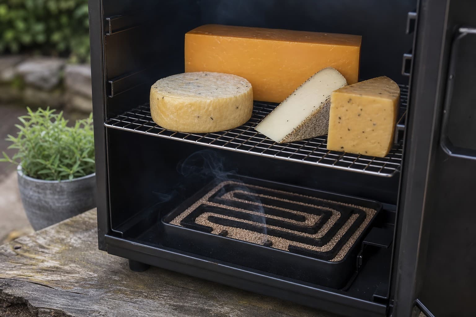 Several cheeses cold-smoking above a maze generator without melting