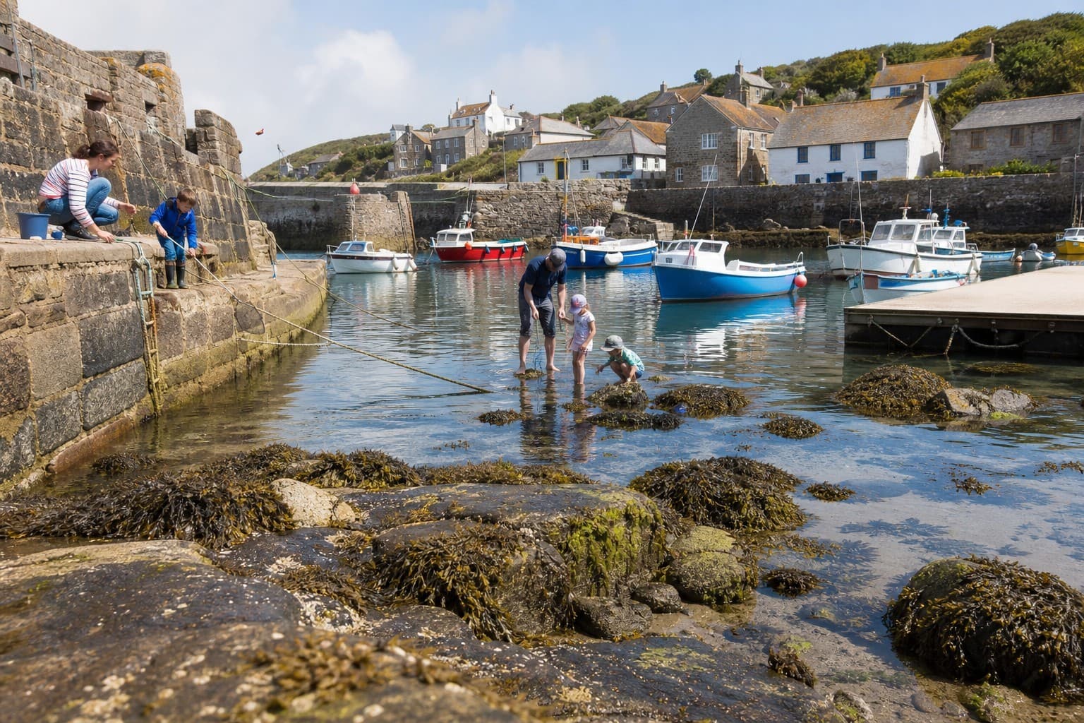 Families exploring safe crabbing spots around a sheltered British tidal harbour