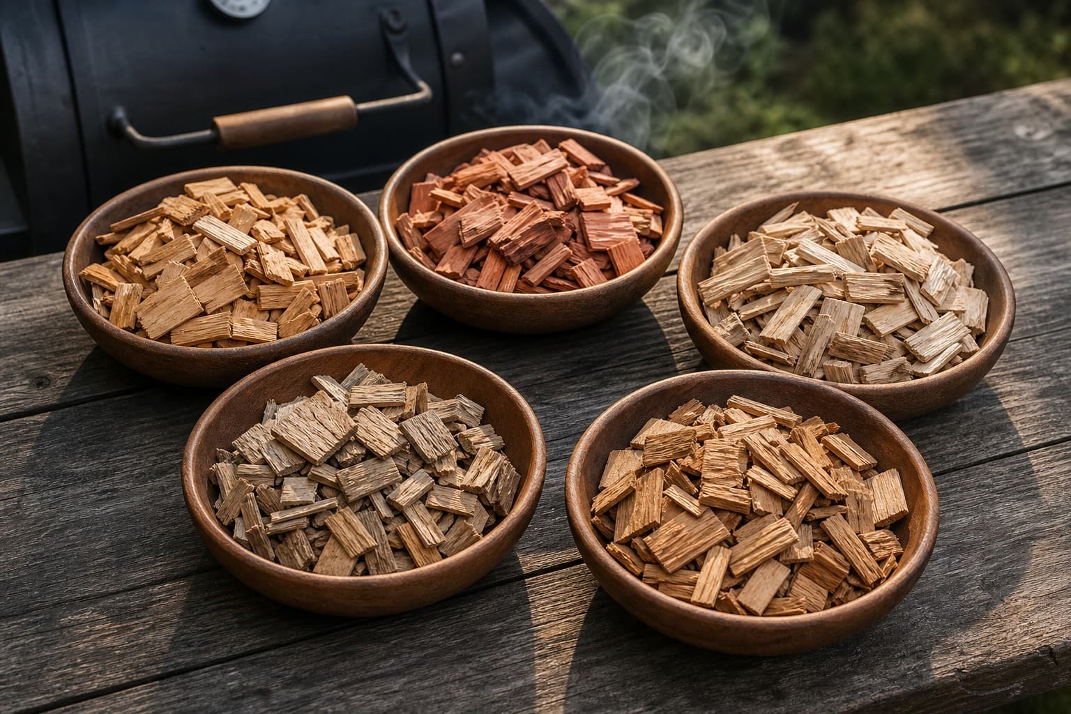 Five bowls of visibly different natural wood chips beside a food smoker