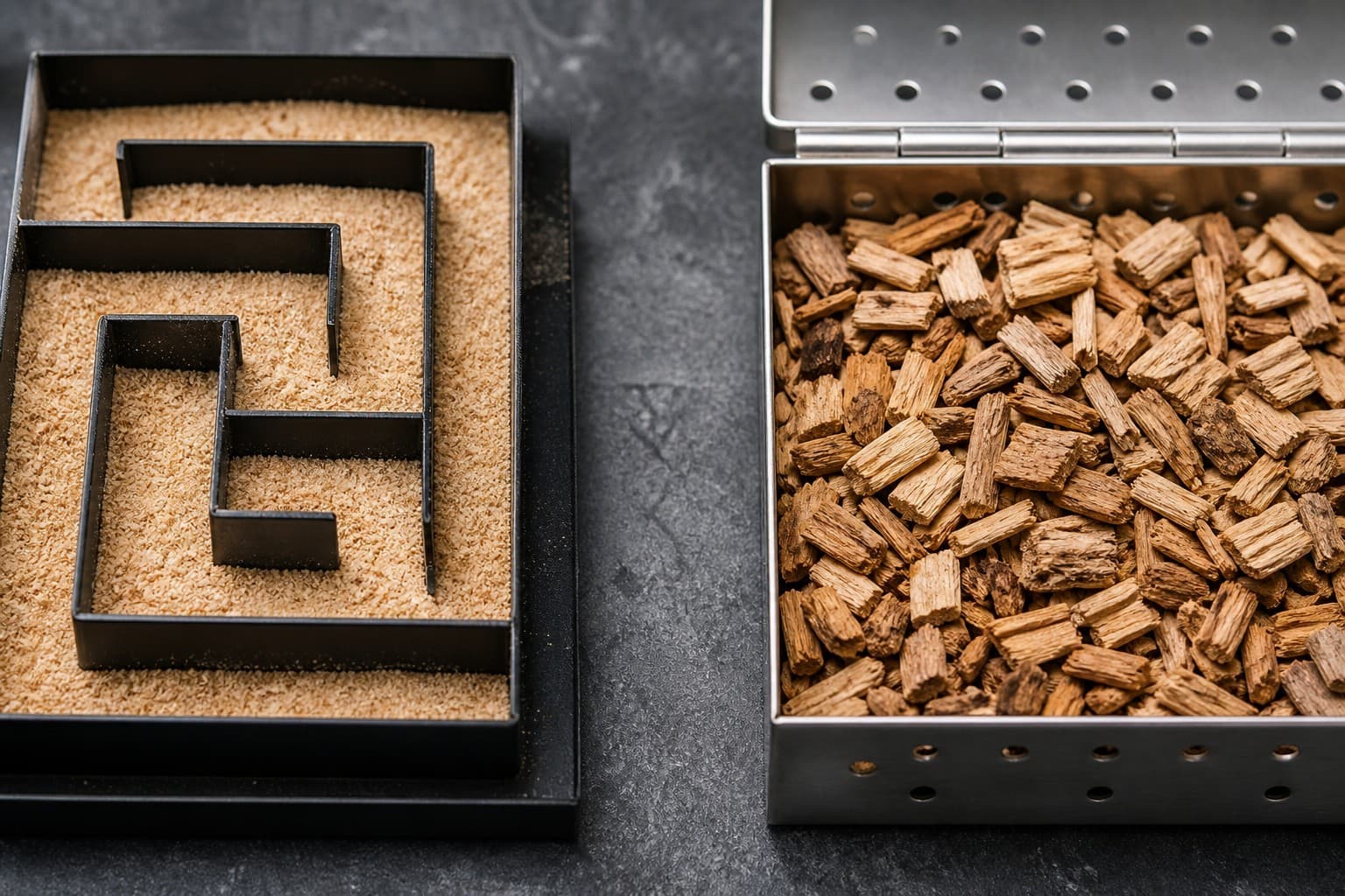 Fine smoking dust in a maze generator beside coarse wood chips in a smoker box
