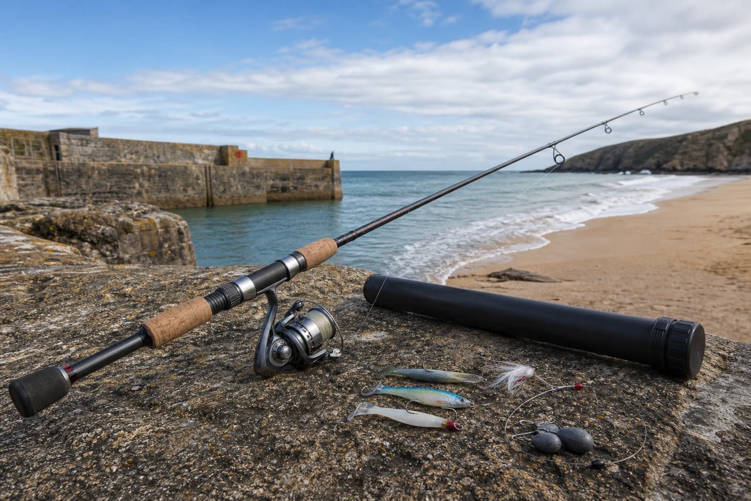 A versatile sea-fishing rod and reel with lures and a simple bottom rig by the coast