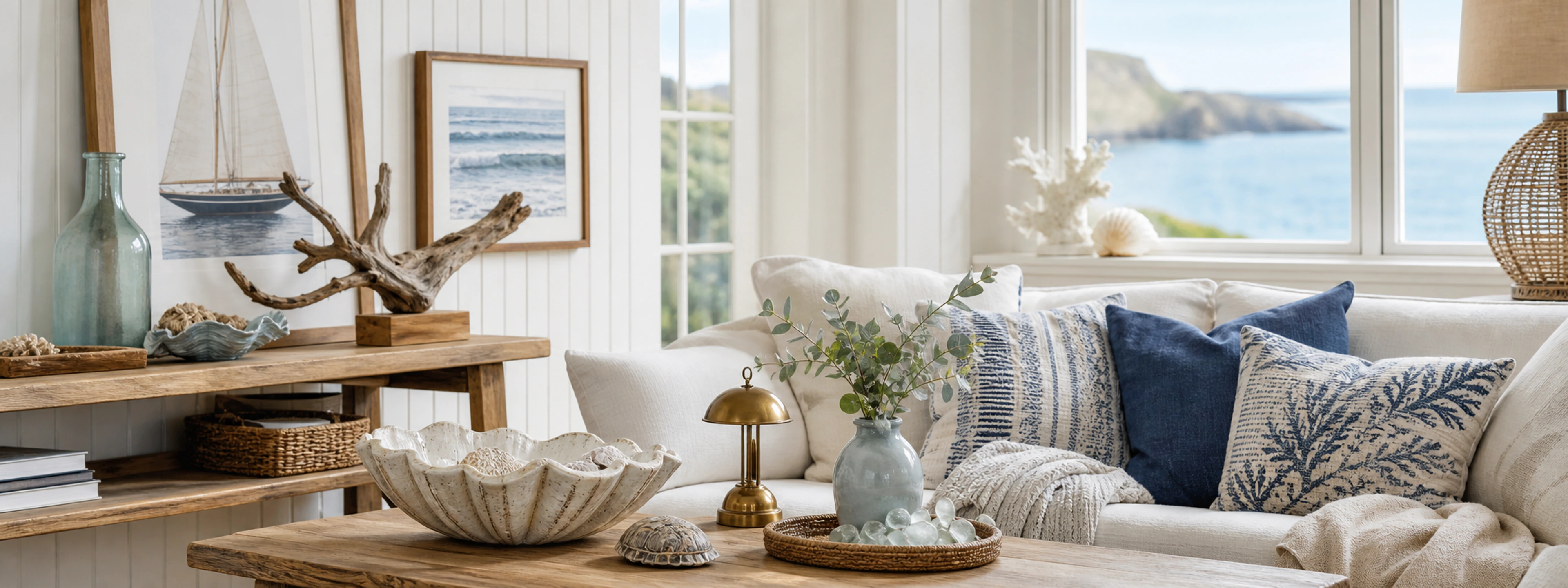 Coastal living room with nautical wall art, driftwood, shells and woven textures